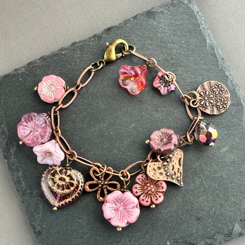 Pink Czech Glass Dangle Bracelet in Copper