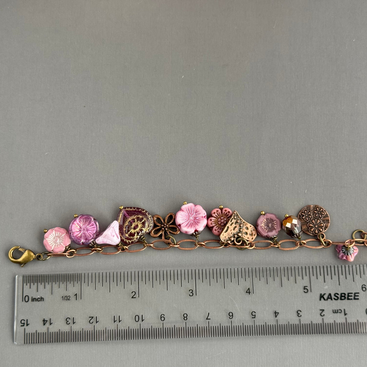 Pink Czech Glass Dangle Bracelet in Copper