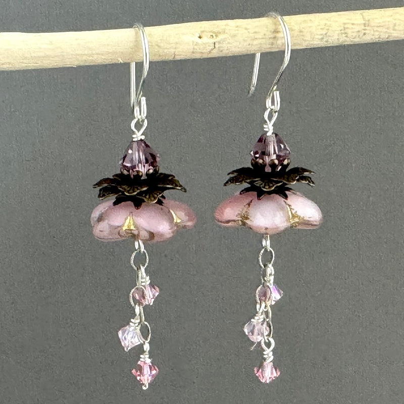 Czech Glass Pale Pink Flower Drop Earrings in Sterling Silver
