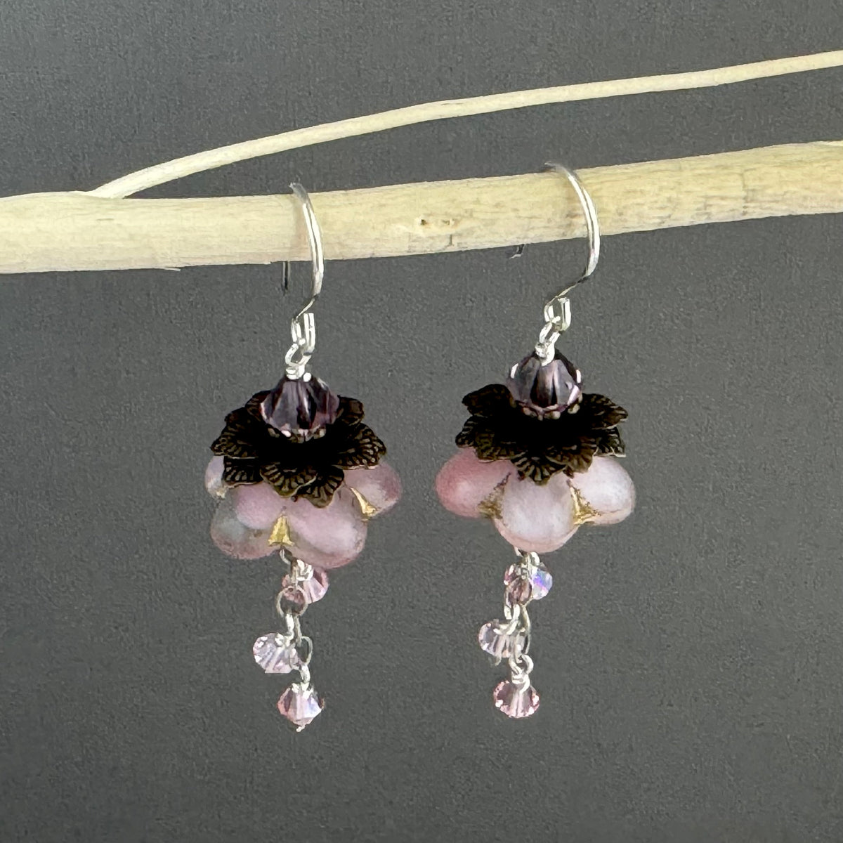 Czech Glass Pale Pink Flower Drop Earrings in Sterling Silver