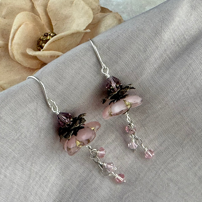 Czech Glass Pale Pink Flower Drop Earrings in Sterling Silver
