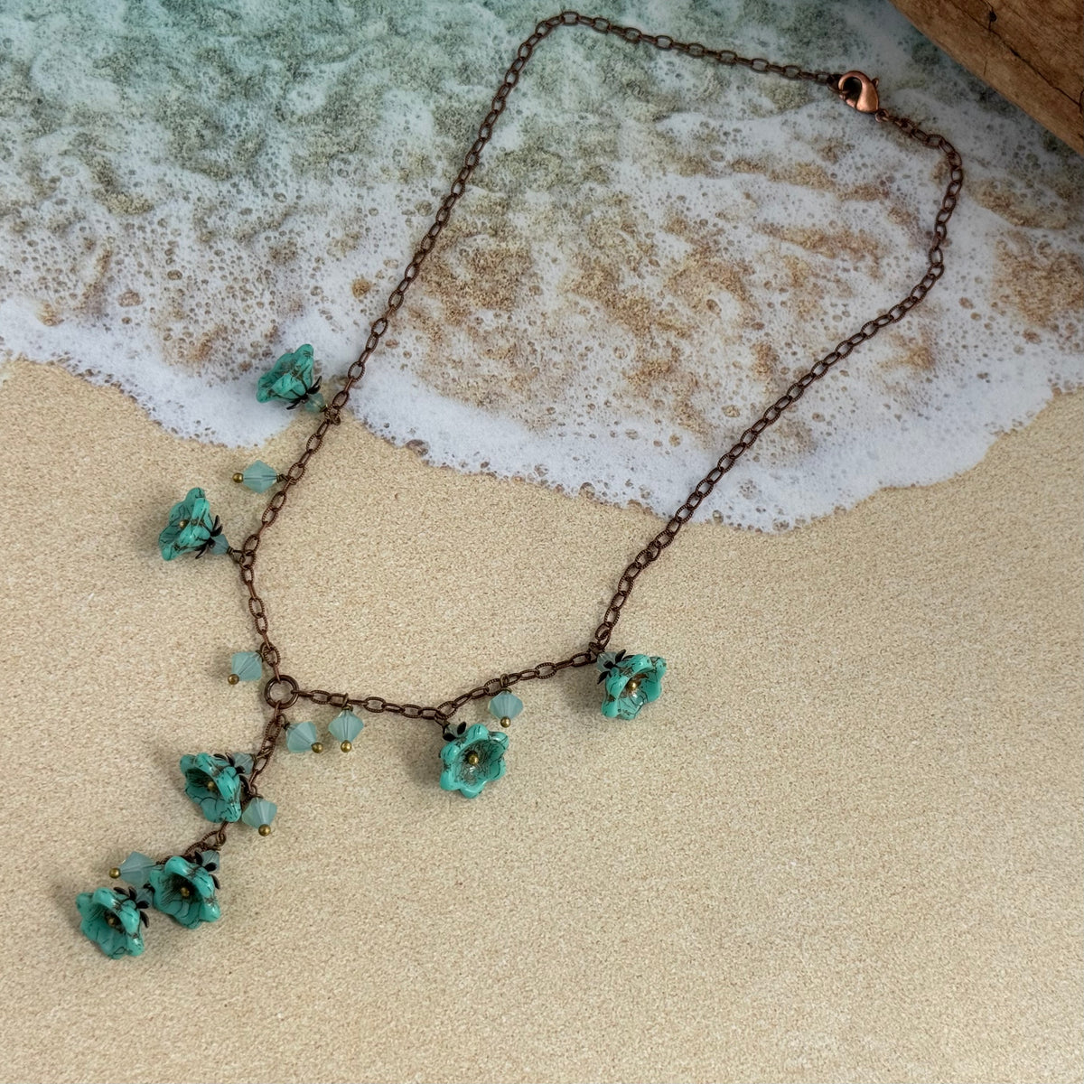 Turquoise Czech Glass Wildflower Bead Necklace on Copper