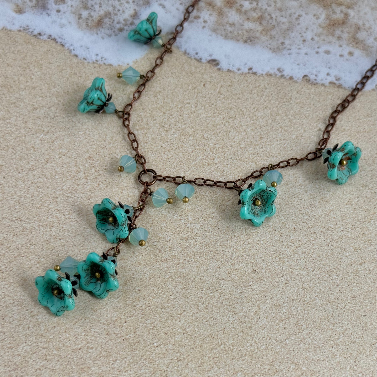 Turquoise Czech Glass Wildflower Bead Necklace on Copper