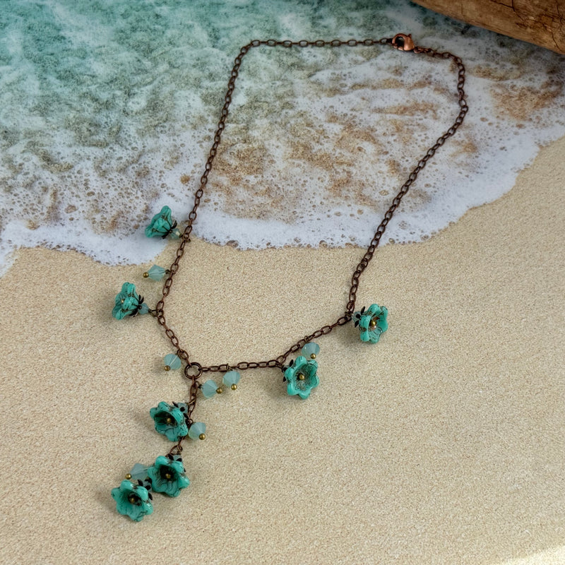 Turquoise Czech Glass Wildflower Bead Necklace on Copper