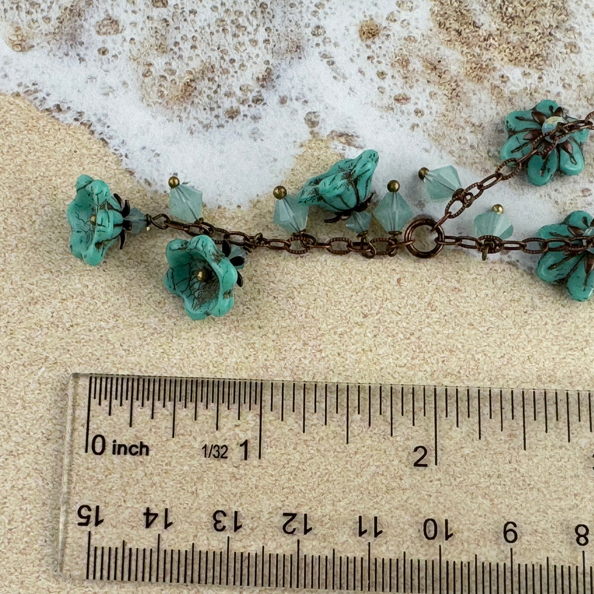 Turquoise Czech Glass Wildflower Bead Necklace on Copper