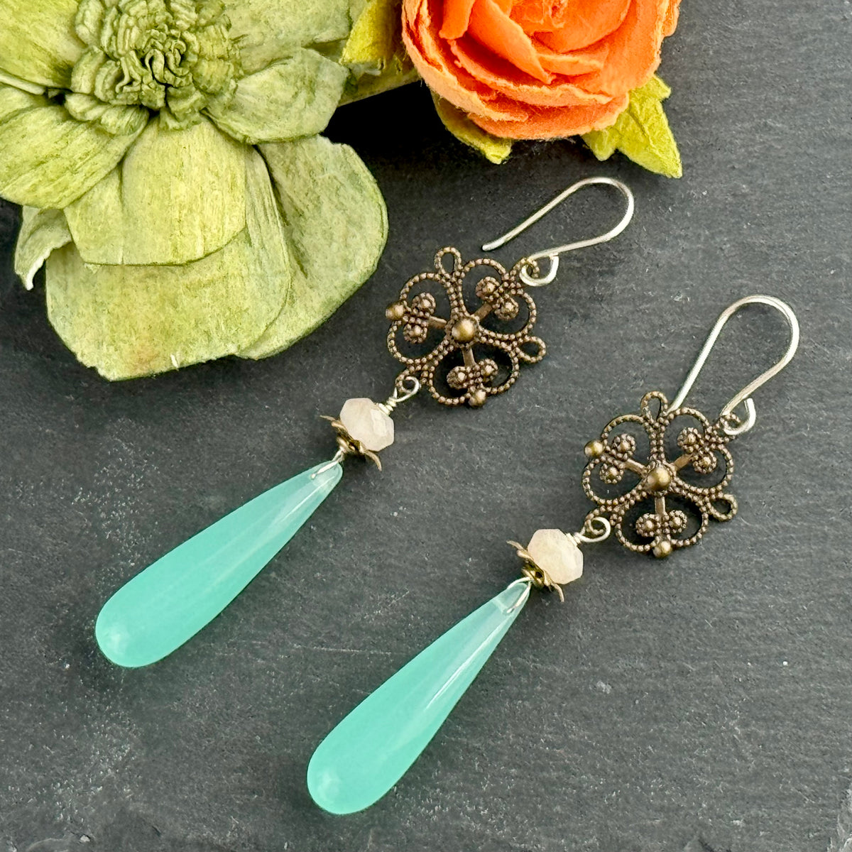 Long Sea Foam Green Drop Earrings in Sterling Silver