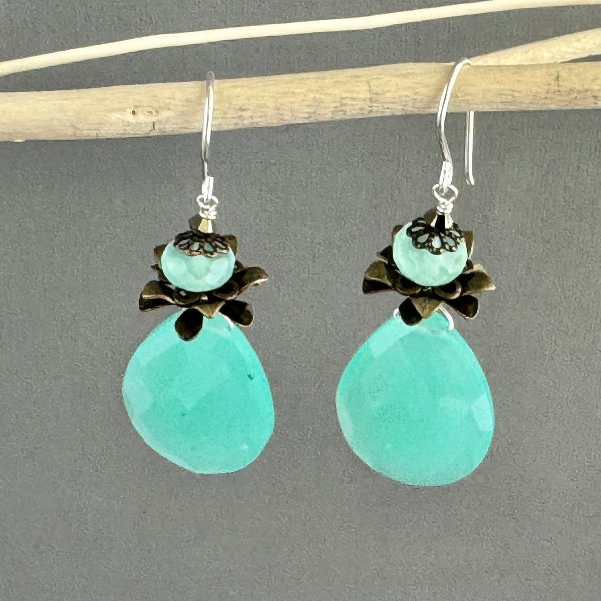 Large Sea Foam Green Teardrop Earrings in Sterling Silver
