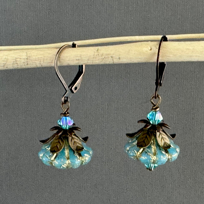 Caribbean Blue Czech Glass Bell Flower Earrings in Antique Brass