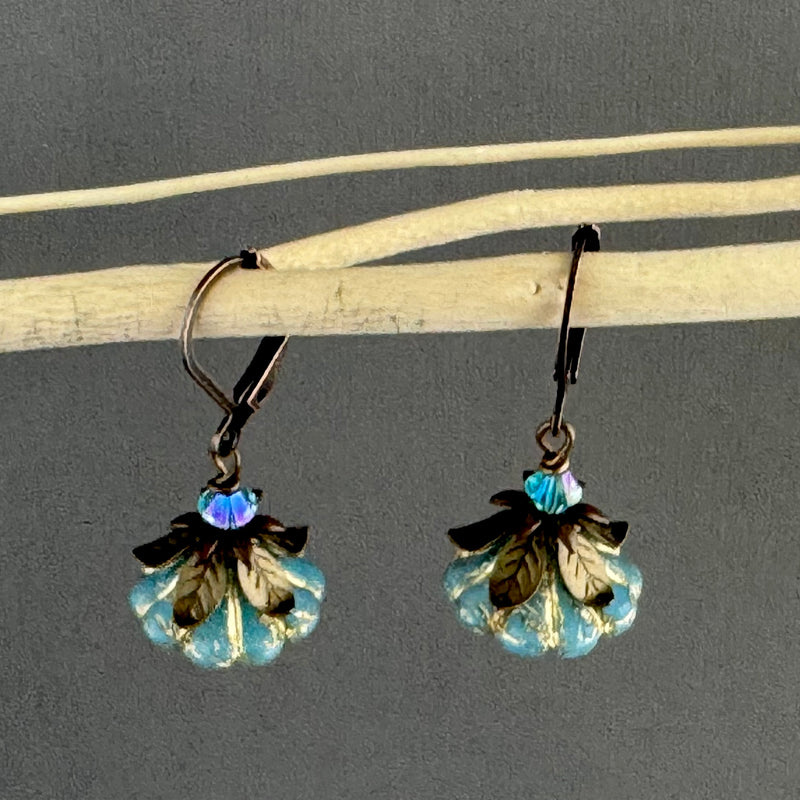 Caribbean Blue Czech Glass Bell Flower Earrings in Antique Brass