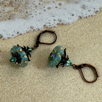 Caribbean Blue Czech Glass Bell Flower Earrings in Antique Brass