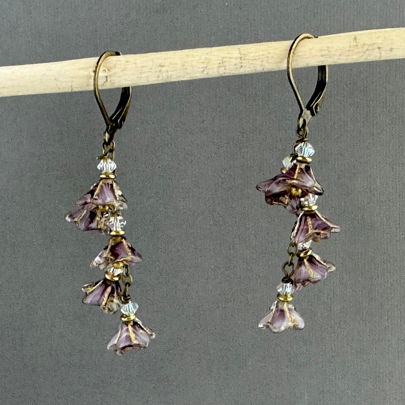 Czech Glass Mauve Bell Flower Dangle Earrings in Antique Brass