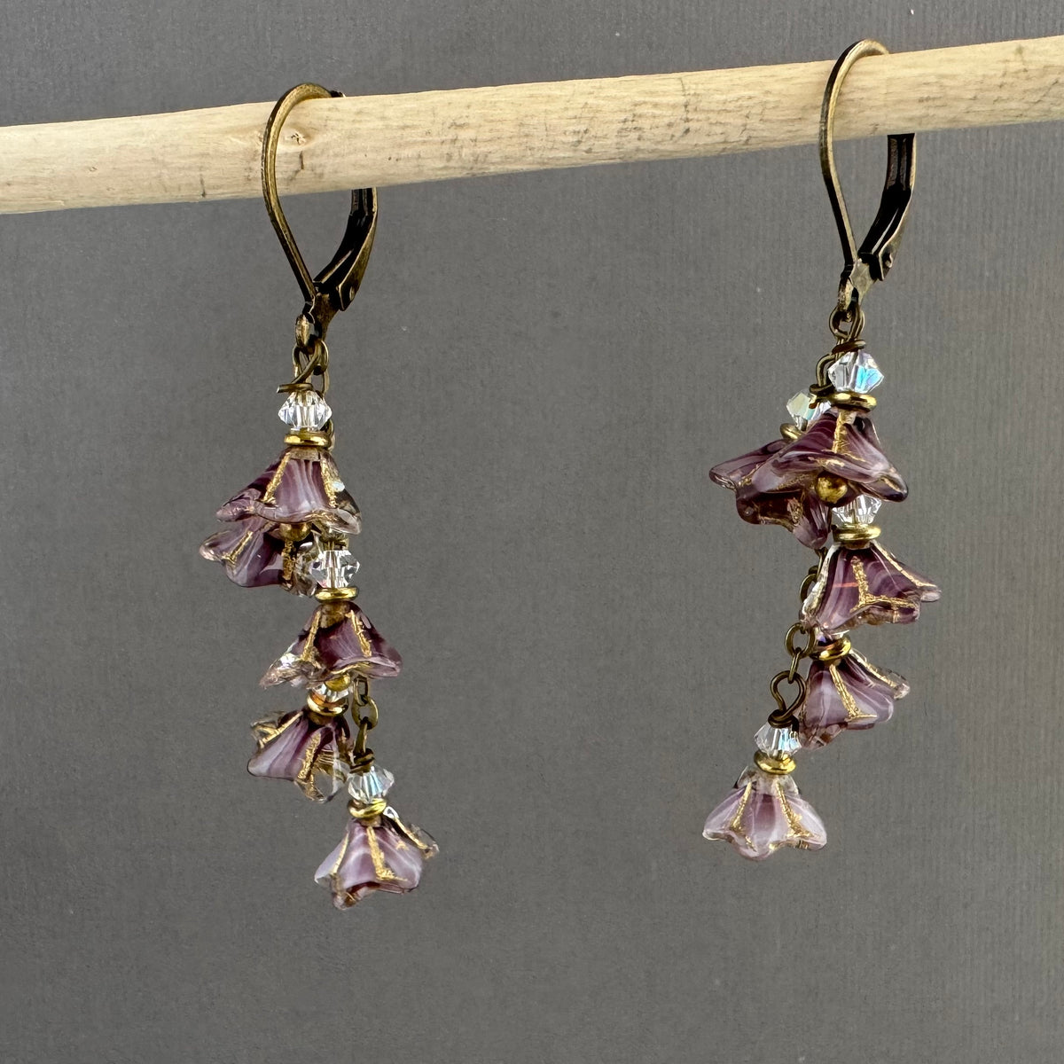 Czech Glass Mauve Bell Flower Dangle Earrings in Antique Brass