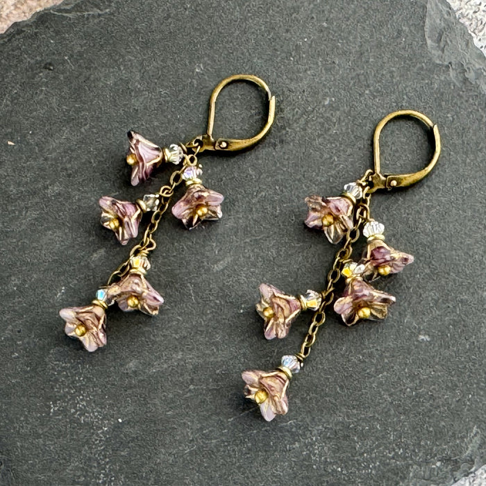 Czech Glass Mauve Bell Flower Dangle Earrings in Antique Brass