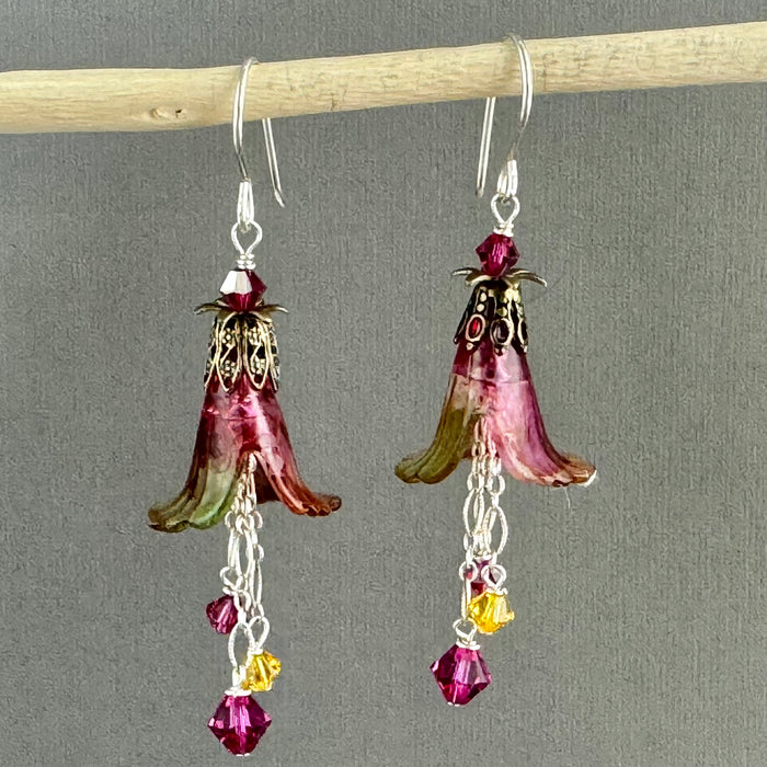 Large Hand Painted Dark Pink and Yellow Lucite Trumpet Flower Earrings in Sterling Silver