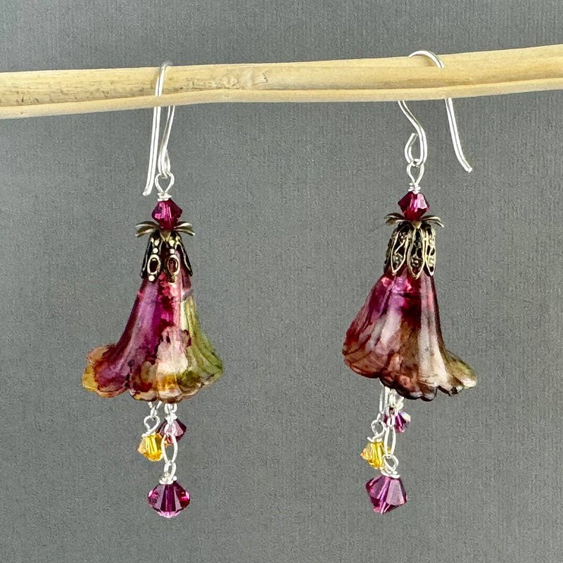 Large Hand Painted Dark Pink and Yellow Lucite Trumpet Flower Earrings in Sterling Silver