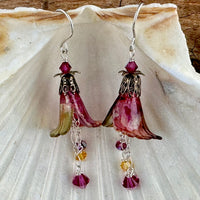 Large Hand Painted Dark Pink and Yellow Lucite Trumpet Flower Earrings in Sterling Silver