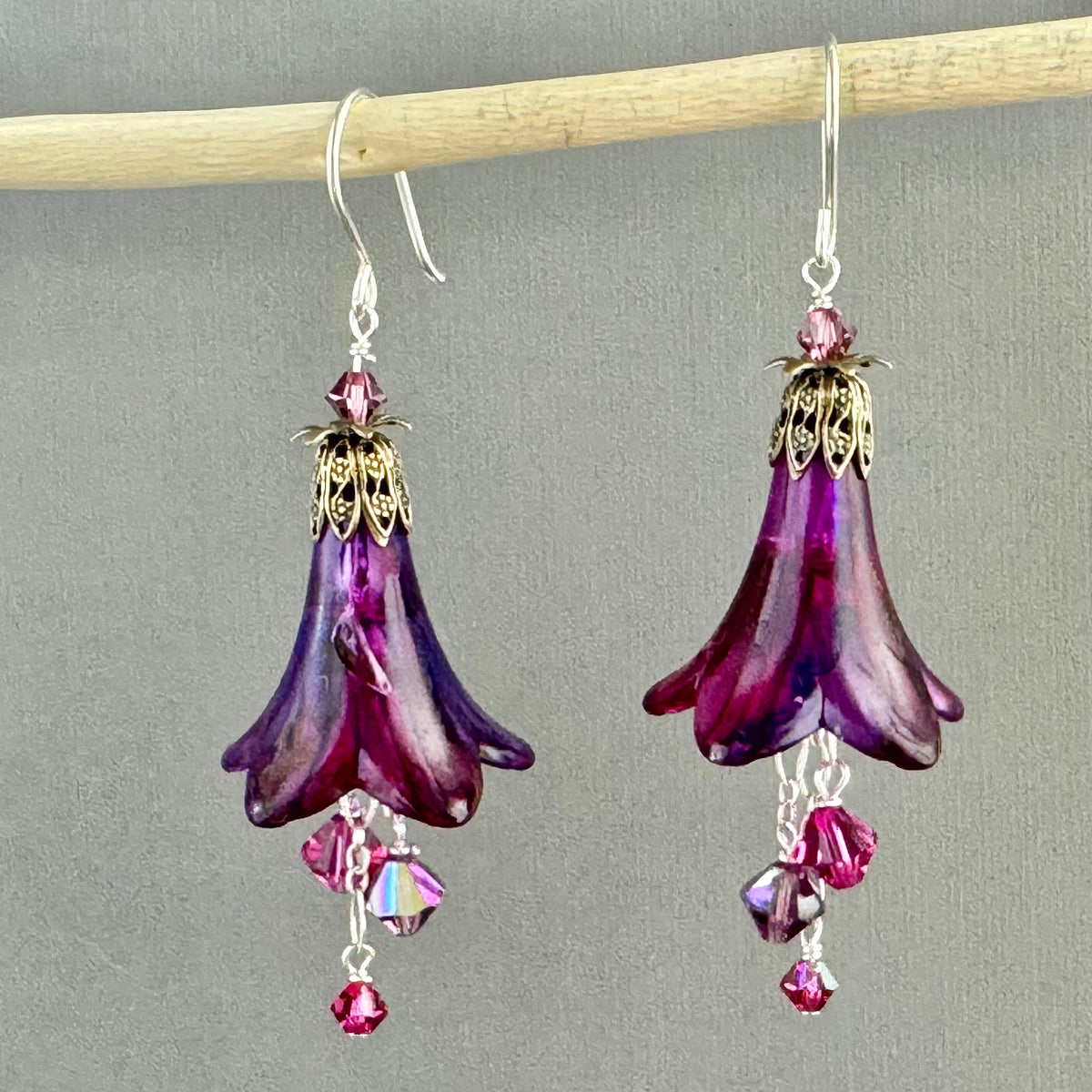 Large Hand Painted Purple Lucite Cone Flower Earrings in Sterling Silver