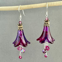 Large Hand Painted Purple Lucite Cone Flower Earrings in Sterling Silver