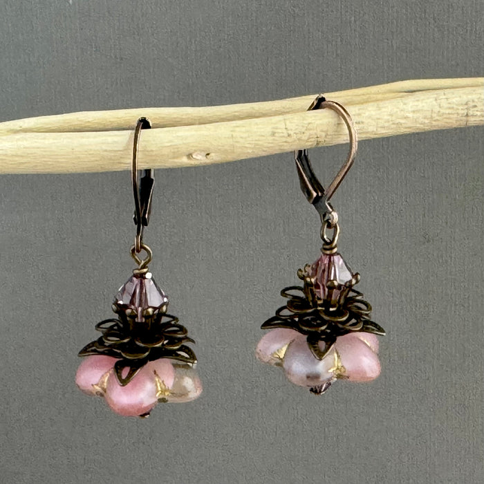 Czech Glass Pink Flower Earrings in Antique Copper
