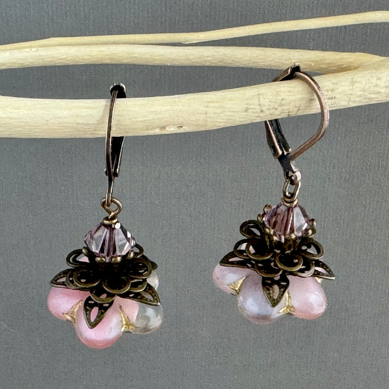 Czech Glass Pink Flower Earrings in Antique Copper