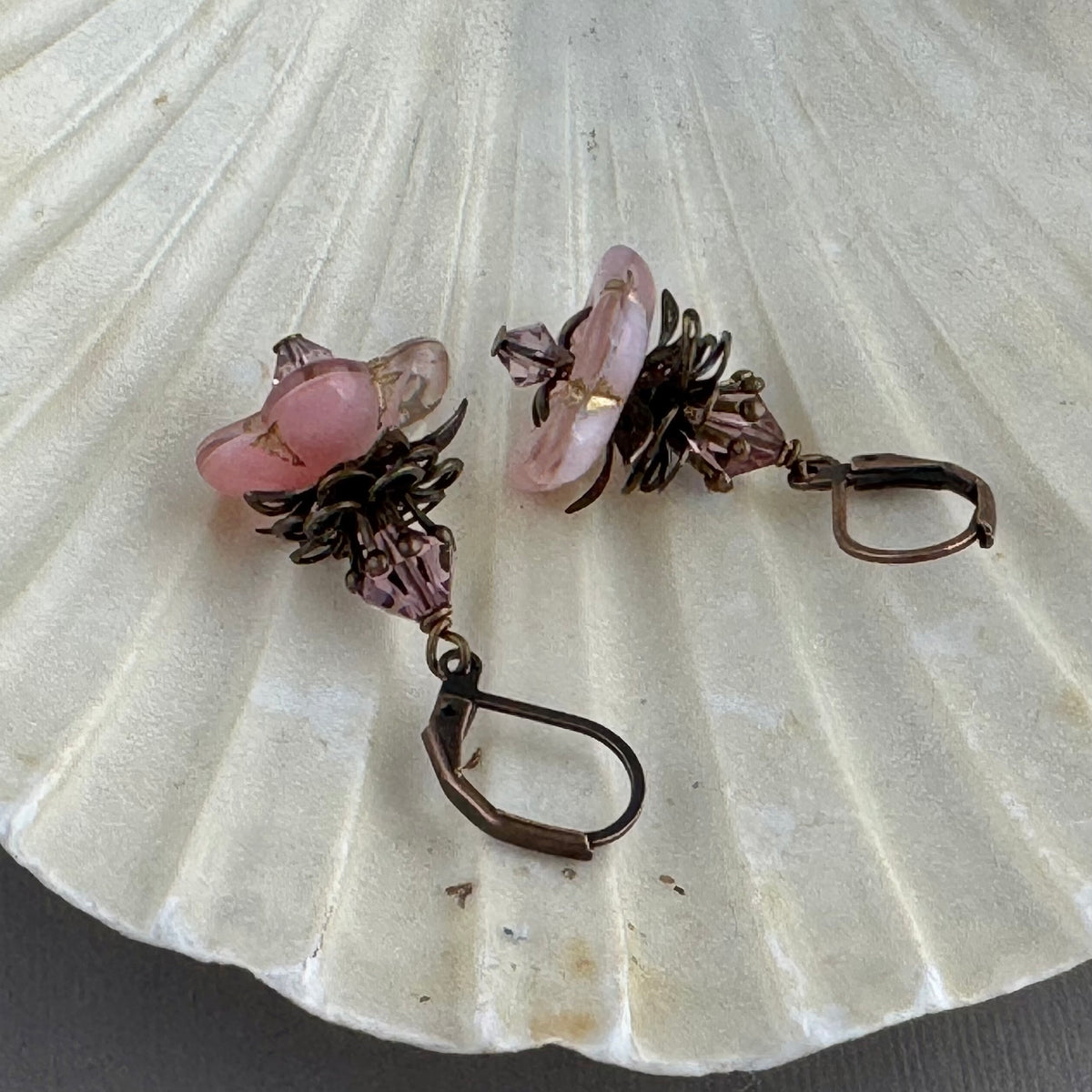 Czech Glass Pink Flower Earrings in Antique Copper