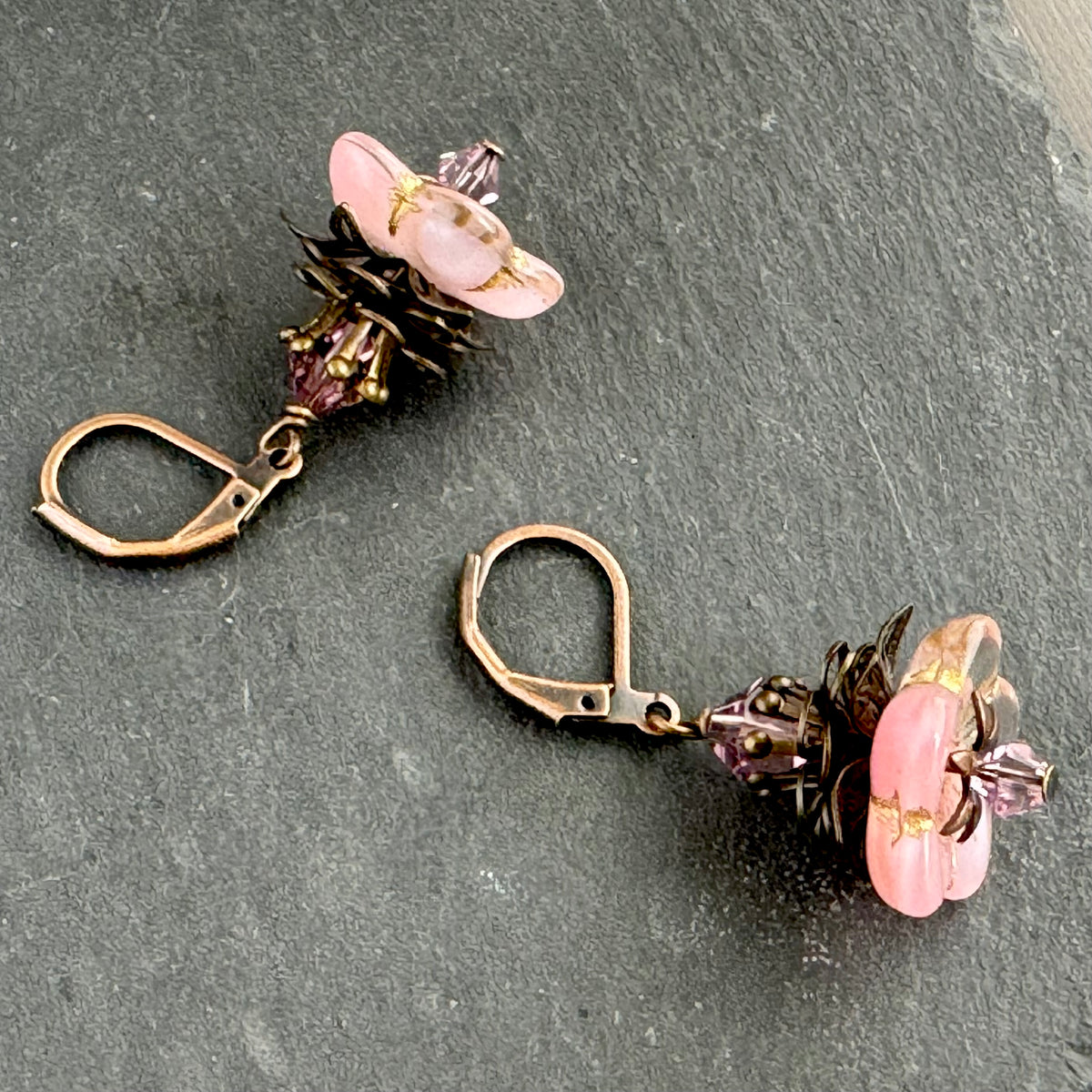 Czech Glass Pink Flower Earrings in Antique Copper