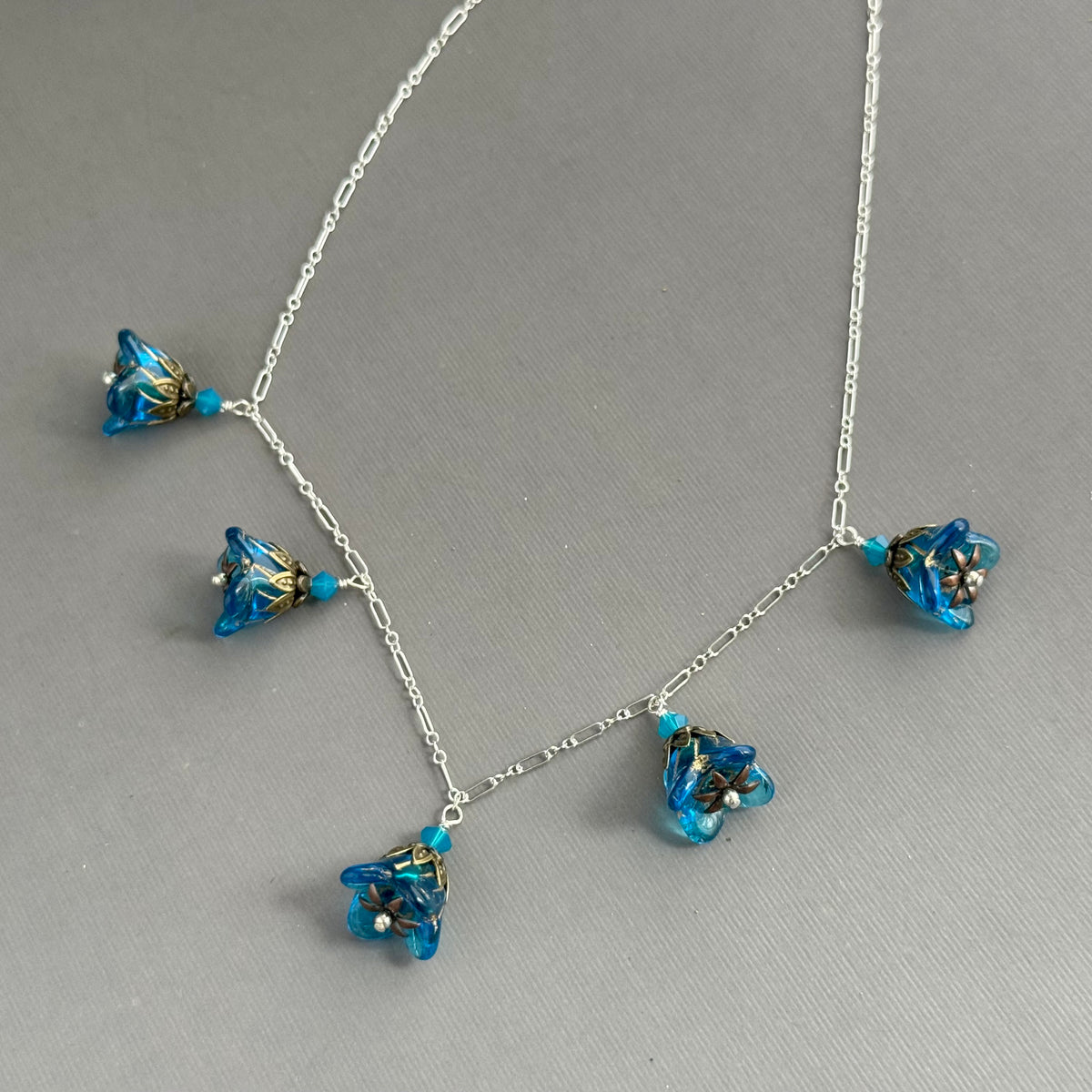Caribbean Blue Czech Glass Bell Flower Necklace on Sterling Silver