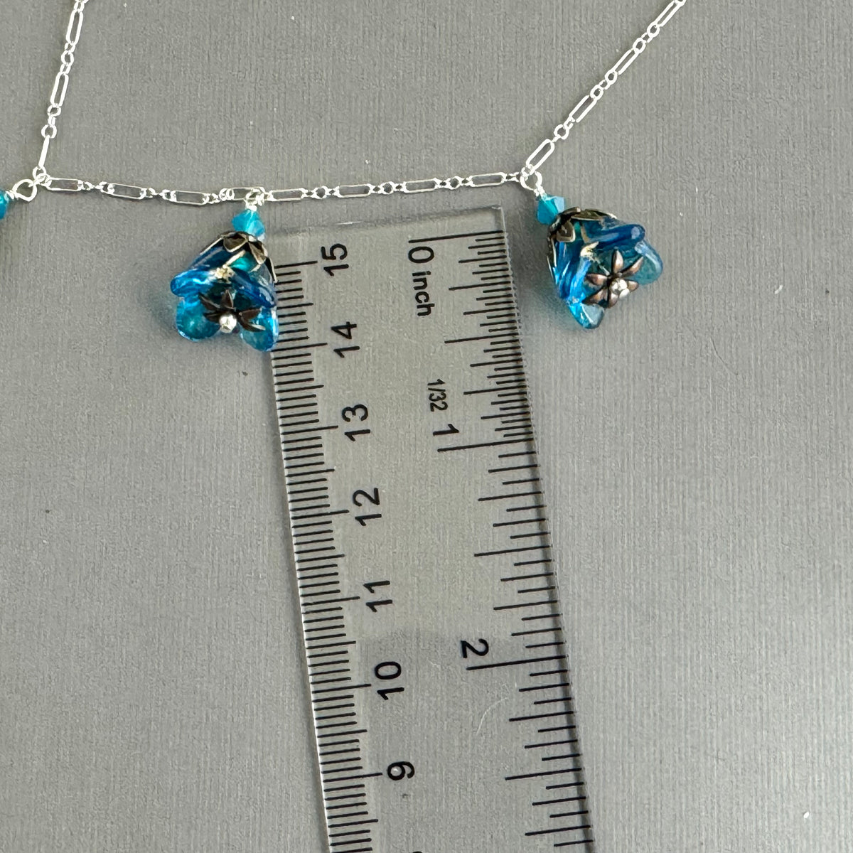 Caribbean Blue Czech Glass Bell Flower Necklace on Sterling Silver