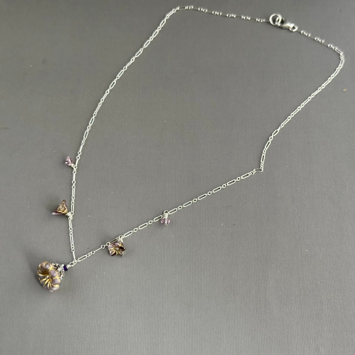Light Mauve Czech Glass Bell Flower Necklace on Sterling Silver