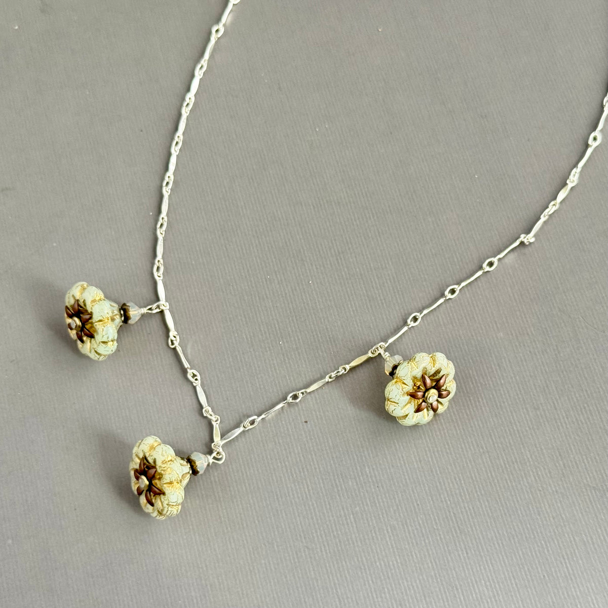 Ivory Czech Glass Bell Flower Necklace on Sterling Silver