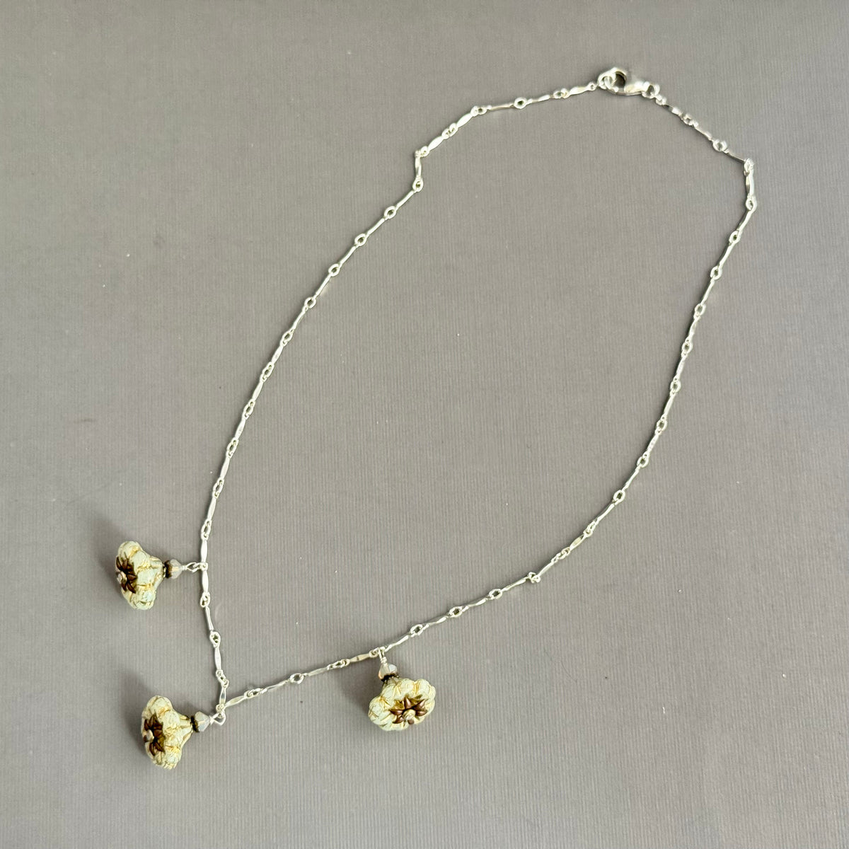 Ivory Czech Glass Bell Flower Necklace on Sterling Silver