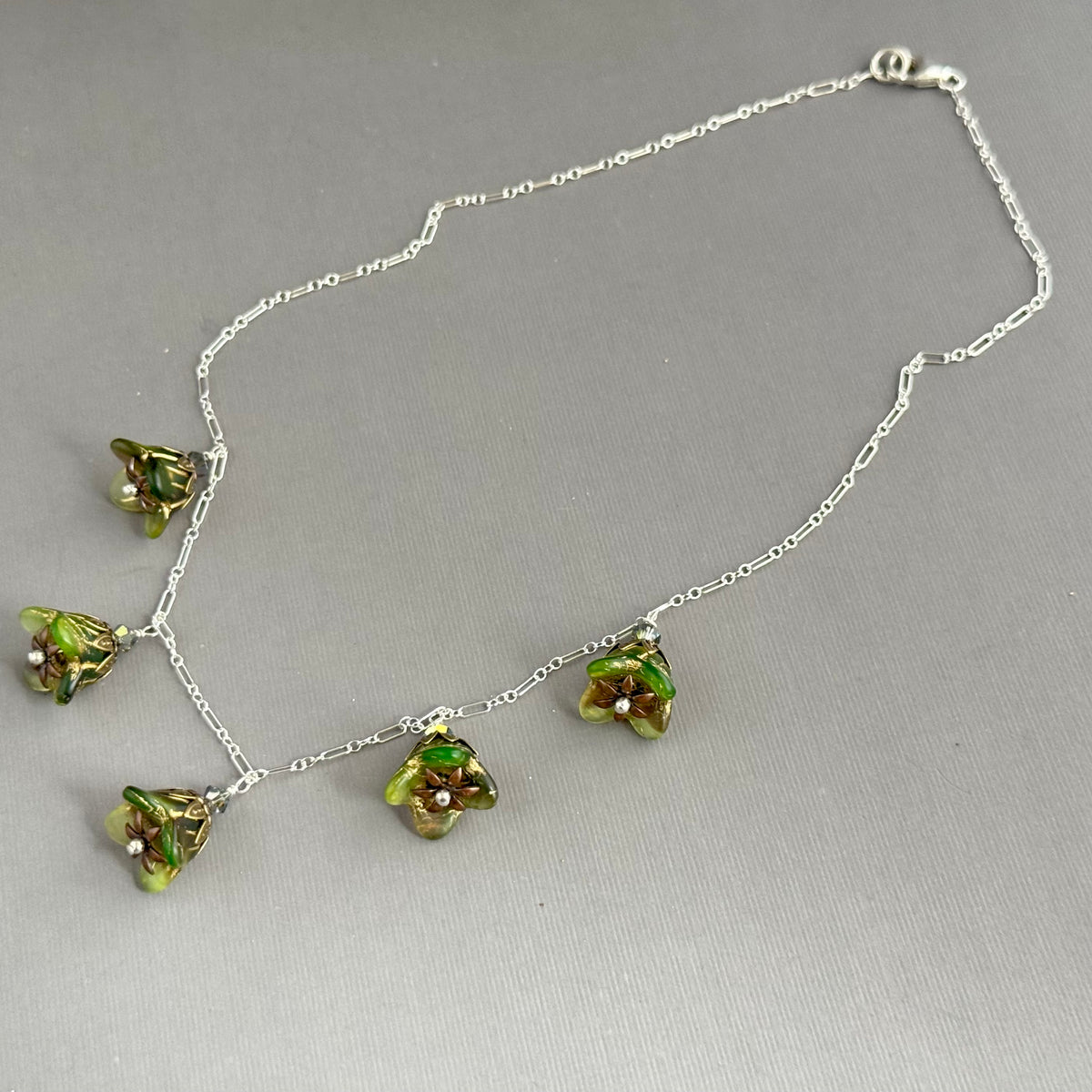 Pine Forest Czech Glass Bell Flower Necklace on Sterling Silver