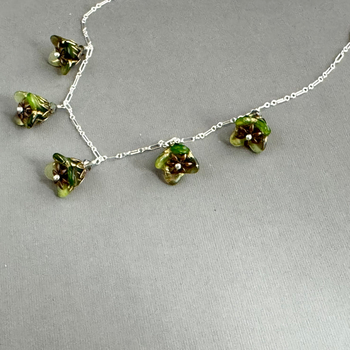 Pine Forest Czech Glass Bell Flower Necklace on Sterling Silver