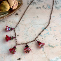 Bright Pink Czech Glass Trumpet Bead Necklace on Copper