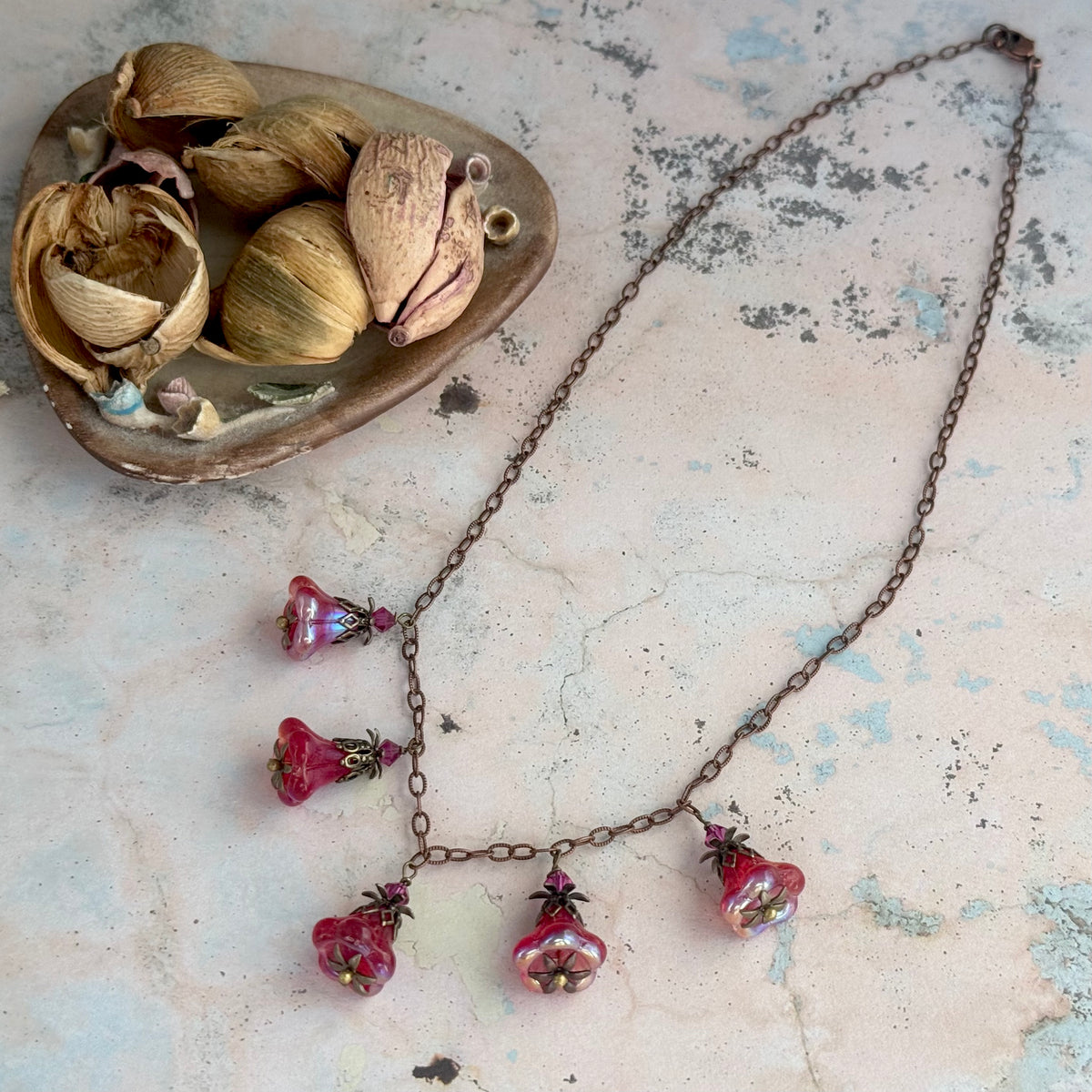 Bright Pink Czech Glass Trumpet Bead Necklace on Copper