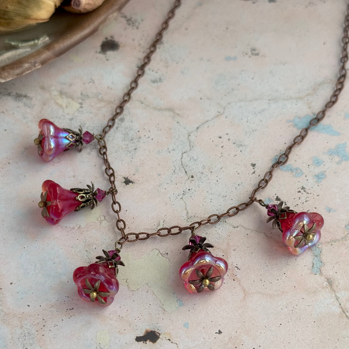 Bright Pink Czech Glass Trumpet Bead Necklace on Copper