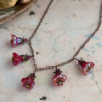 Bright Pink Czech Glass Trumpet Bead Necklace on Copper