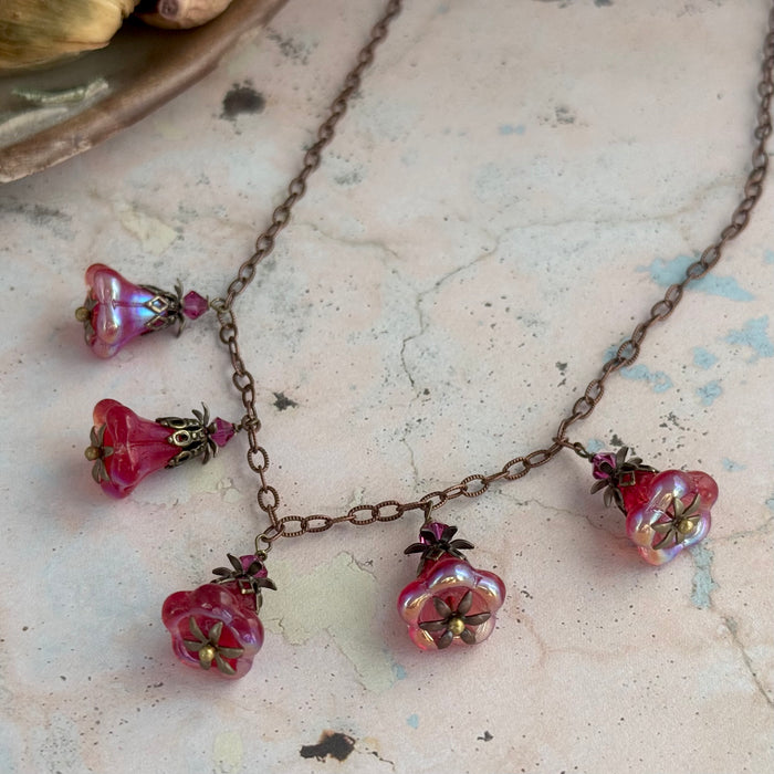 Bright Pink Czech Glass Trumpet Bead Necklace on Copper