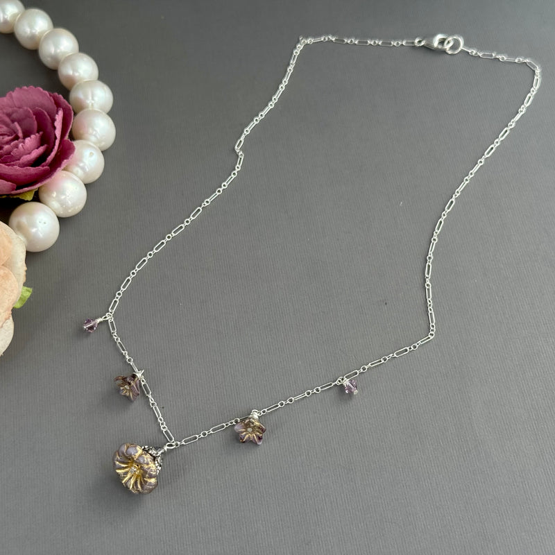 Light Mauve Czech Glass Bell Flower Necklace on Sterling Silver
