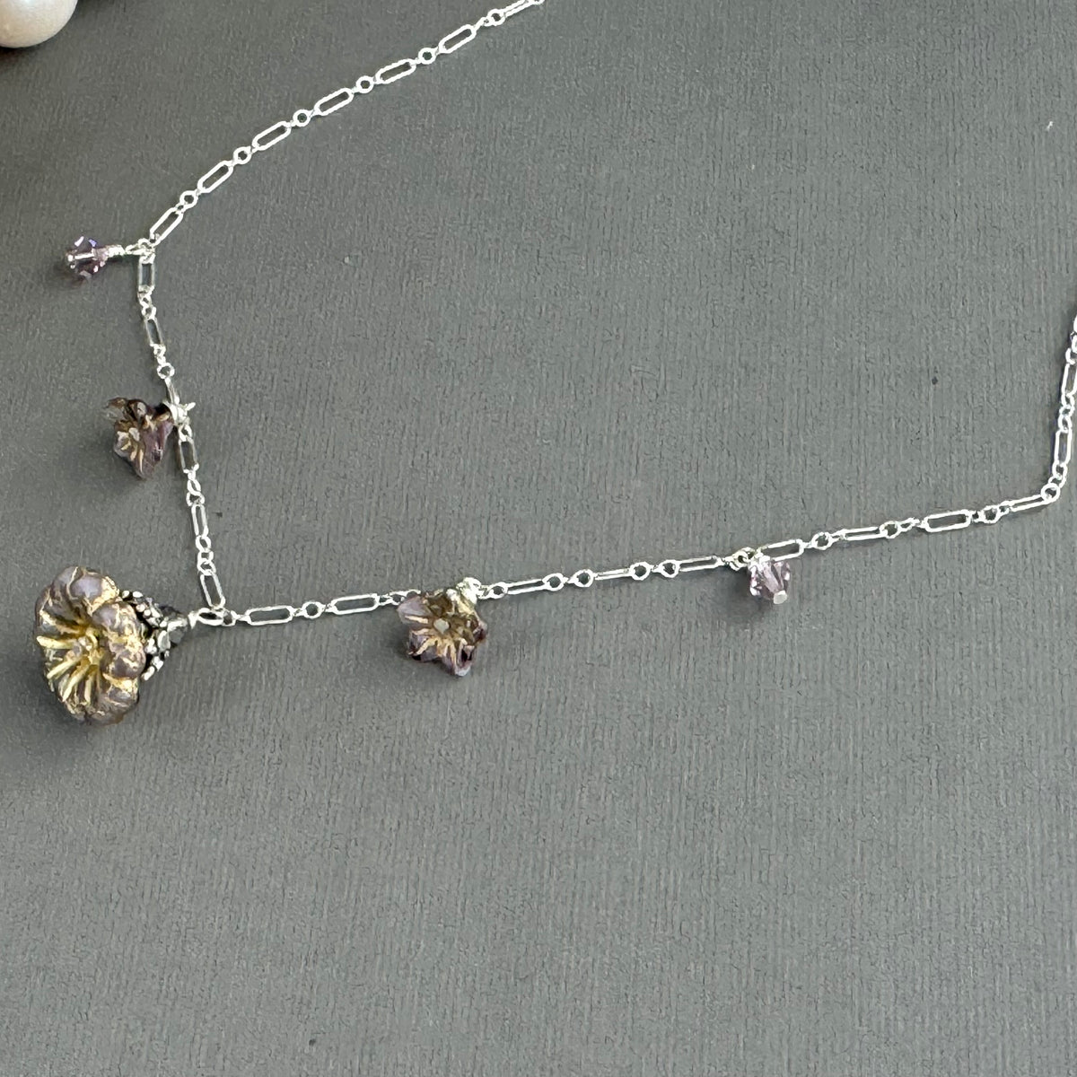 Light Mauve Czech Glass Bell Flower Necklace on Sterling Silver