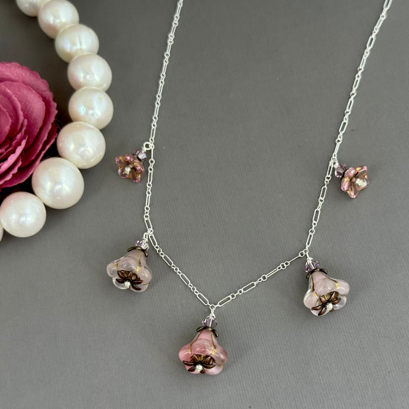 Variegated Pink Czech Glass Trumpet Bead Necklace on Sterling Silver
