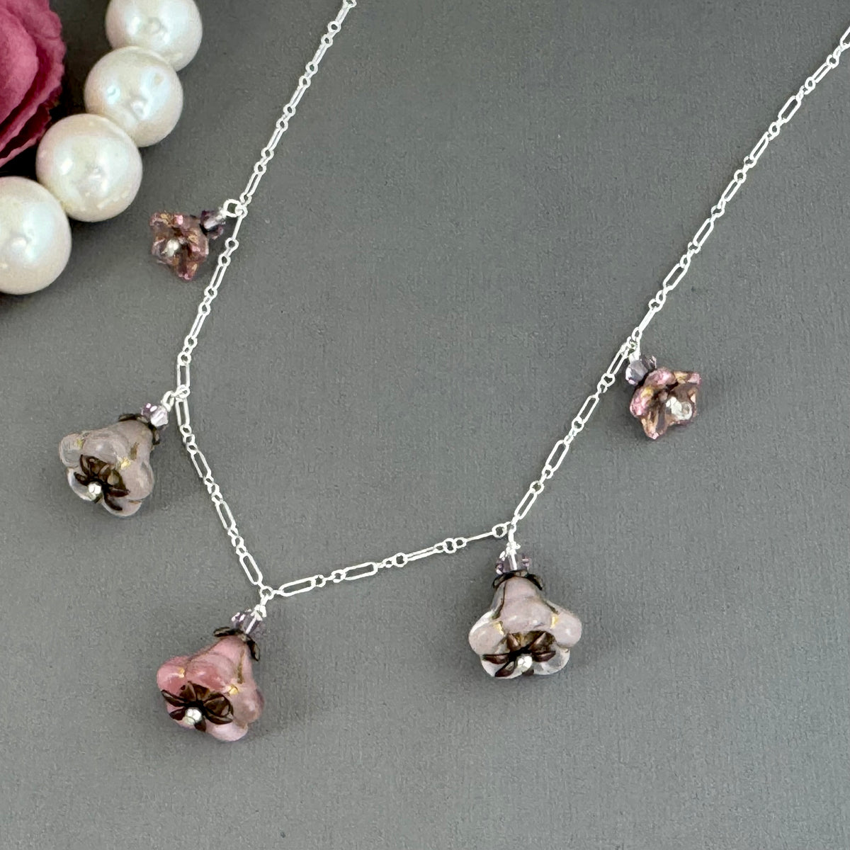 Variegated Pink Czech Glass Trumpet Bead Necklace on Sterling Silver