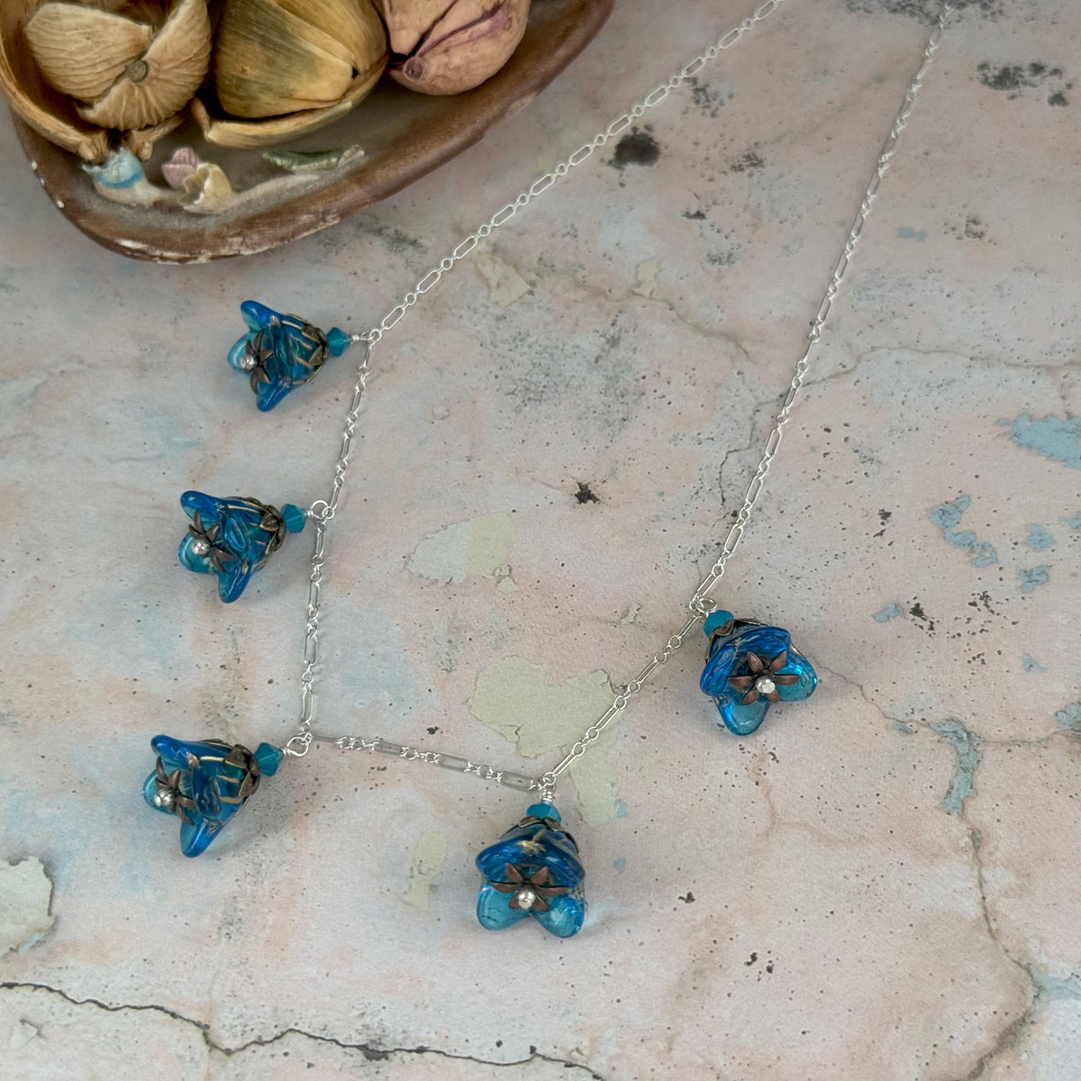 Caribbean Blue Czech Glass Bell Flower Necklace on Sterling Silver