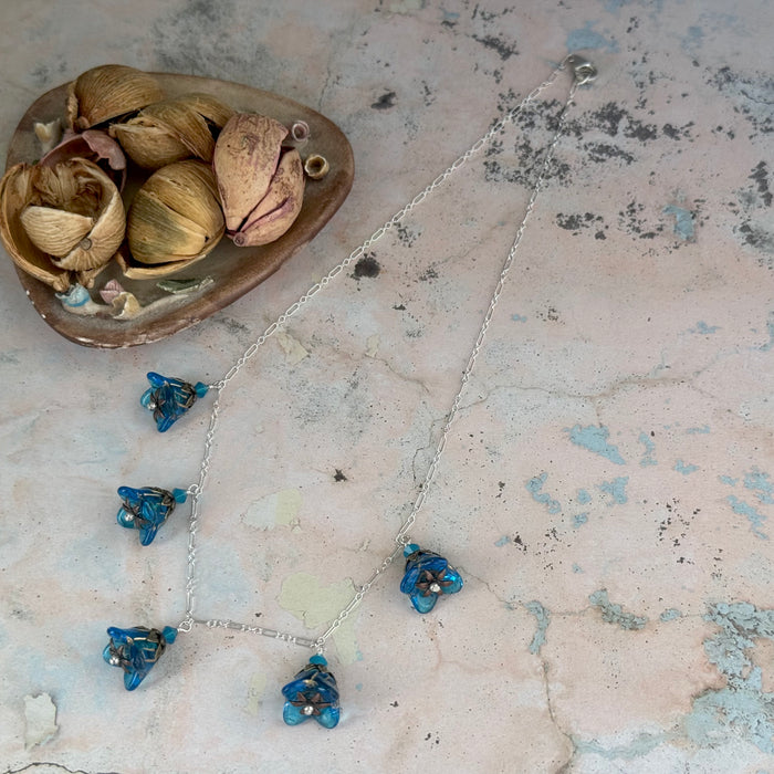 Caribbean Blue Czech Glass Bell Flower Necklace on Sterling Silver