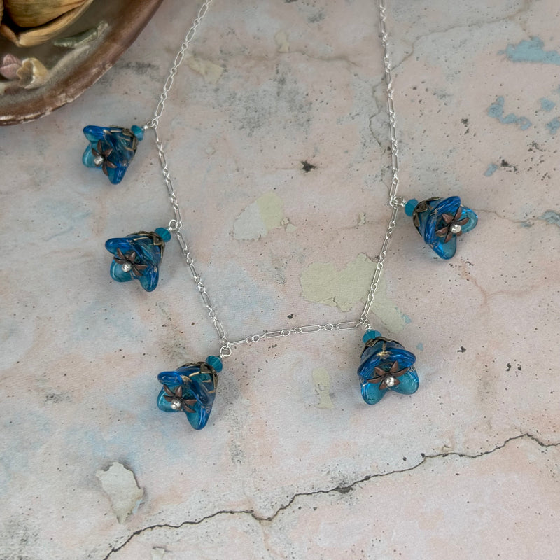 Caribbean Blue Czech Glass Bell Flower Necklace on Sterling Silver
