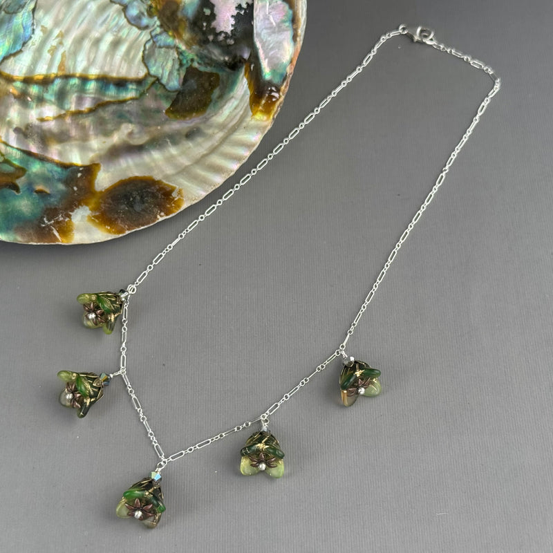 Pine Forest Czech Glass Bell Flower Necklace on Sterling Silver