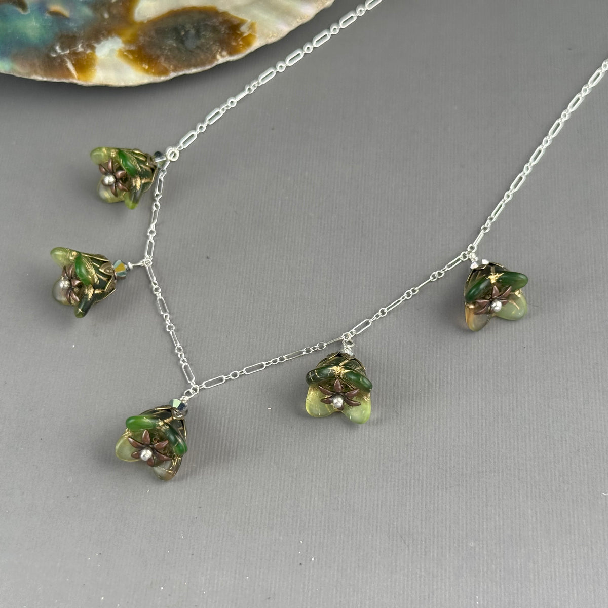 Pine Forest Czech Glass Bell Flower Necklace on Sterling Silver