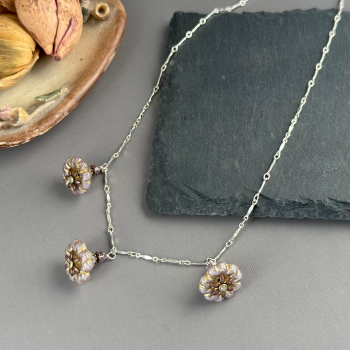 Light Mauve Czech Glass Bell Flower Necklace on Sterling Silver