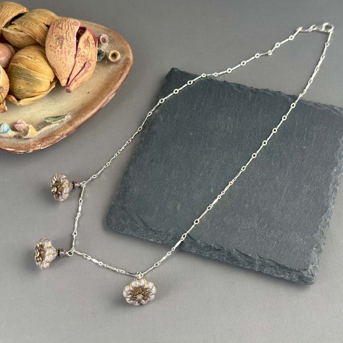Light Mauve Czech Glass Bell Flower Necklace on Sterling Silver