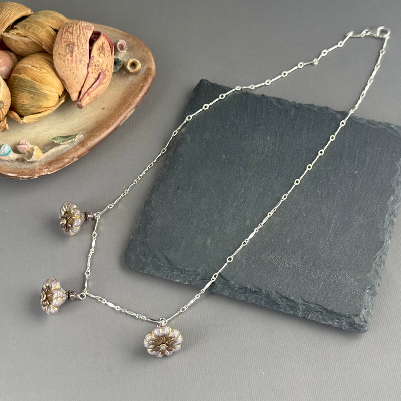 Light Mauve Czech Glass Bell Flower Necklace on Sterling Silver